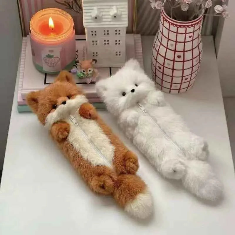 Kawaii Fox Plush Pencil Case - Fluffy Animal Zipper Pouch for School and Office, 2 Colors