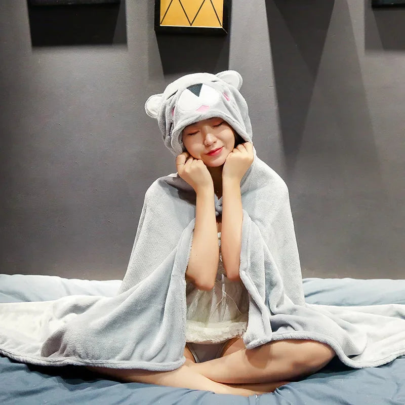 Cartoon Hooded Blanket Cape – Soft Flannel Wearable Shawl Blanket