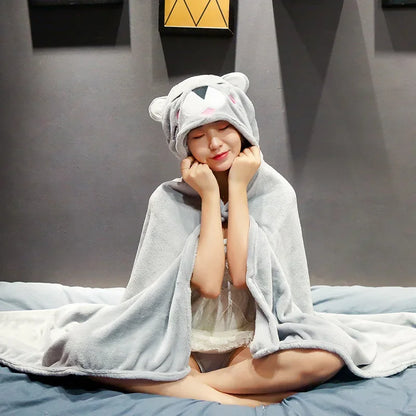Cartoon Hooded Blanket Cape – Soft Flannel Wearable Shawl Blanket