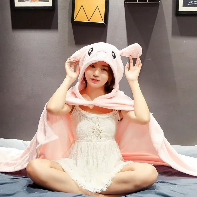 Cartoon Hooded Blanket Cape – Soft Flannel Wearable Shawl Blanket