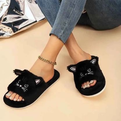 Casual Fluffy Slippers Women Home Flat Cat Cartoon Luxury