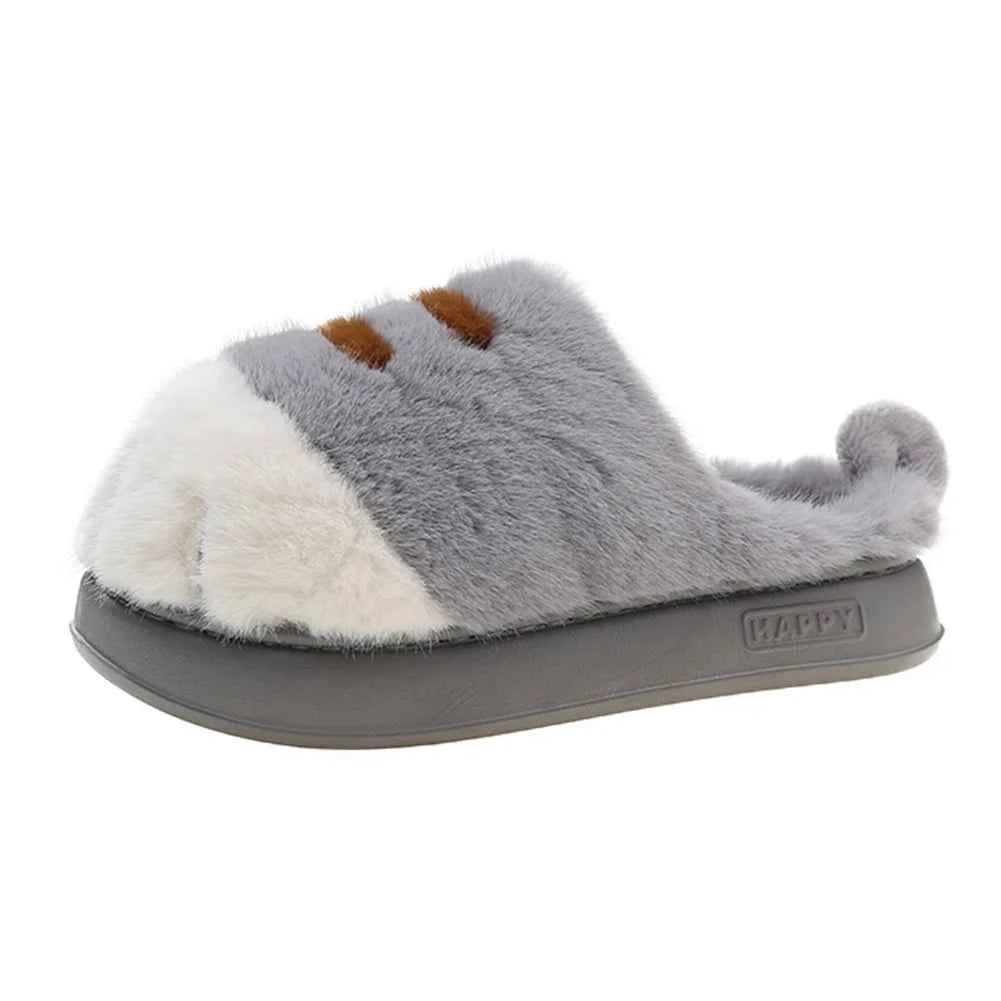3D Cat Paw Plush Slippers Warm Slip-on House Shoes Furry Grey