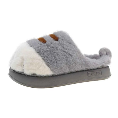 3D Cat Paw Plush Slippers Warm Slip-on House Shoes Furry Grey