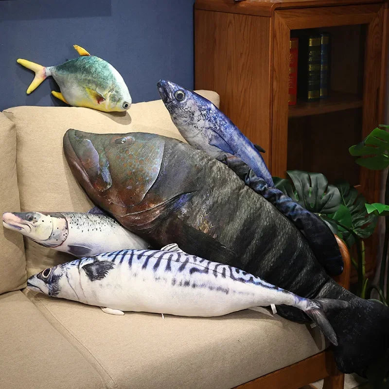 Kawaii 3D Simulation Fish Plush Pillow – Realistic Stuffed Tuna, Salmon, Grouper & More