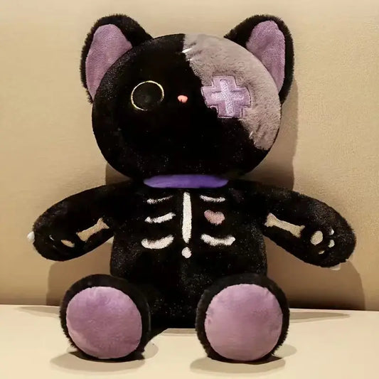 Kawaii Skeleton Cat Plush Doll - Soft Stuffed Gothic Halloween Cat Toy and Gift in Black and White, 35cm Black 35cm (13.8")