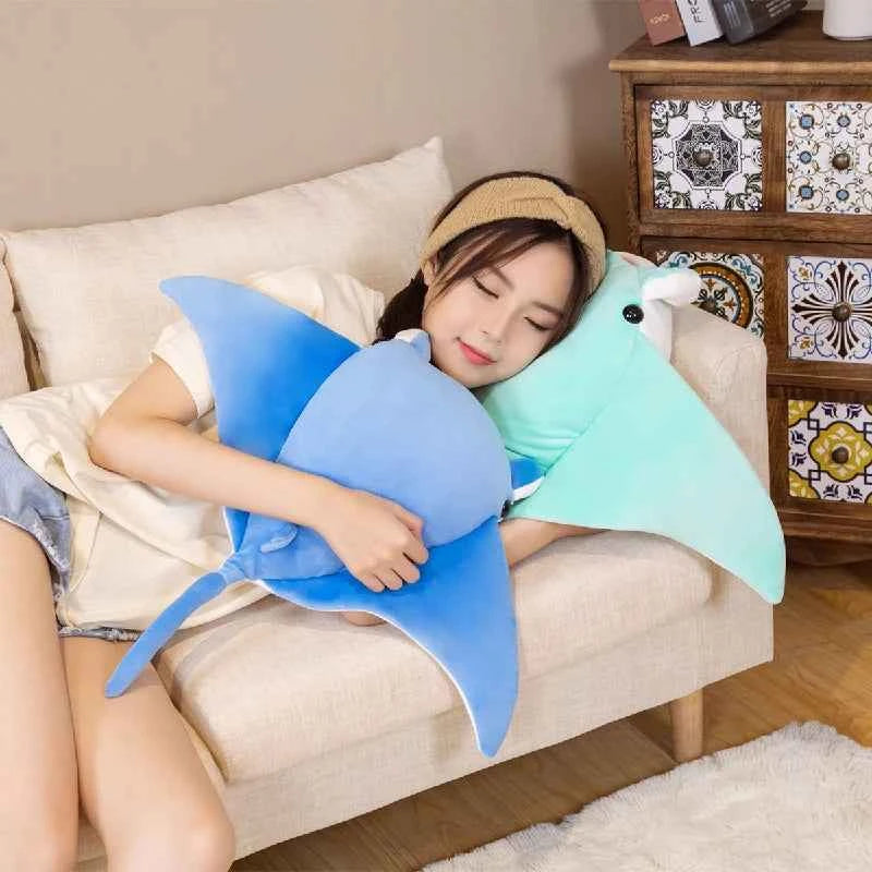 Kawaii Manta Ray Plush Pillow - Soft Stuffed Ocean Cuddle Toy and Gift, 2 Colors and 2 Sizes