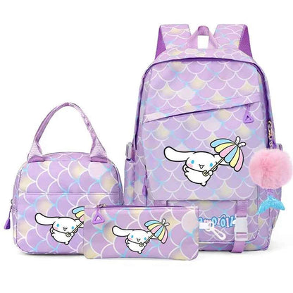 3PCS Cinnamoroll Fish Scale Backpack Set - Mermaid Pendant Lunch School Bag for Girls (17.7 in)
