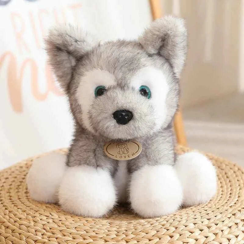 Plush Dog Husky Wolf Cub Stuffed Animal Soft Cuddly Realistic Lifelike Creative Brown Gray White Gift Kids Collectors LOVE Tag