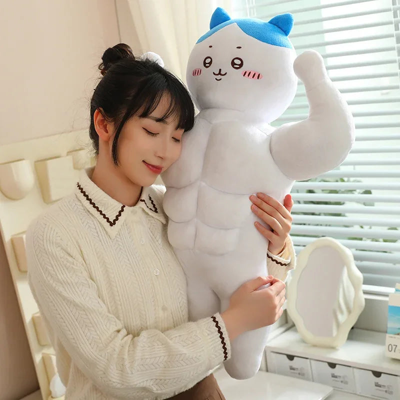 Kawaii Muscular Chiikawa Plush Pillow - Funny Buff Hachiware Usagi Stuffed Anime Doll and Fan Gift, 3 Characters and 2 Sizes