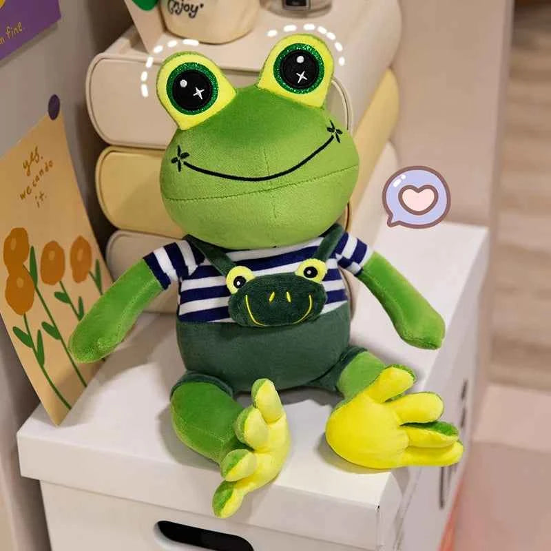 Kawaii Big Eyed Frog Plush Toy – Cute Green Frog with Striped Overalls Stuffed Animal (30–50cm)