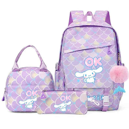 3PCS Cinnamoroll Fish Scale Backpack Set - Mermaid Pendant Lunch School Bag for Girls (17.7 in)
