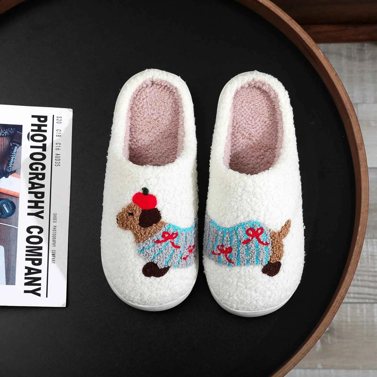 Cute Dachshund Embroidered Plush Slippers - Thick-Soled Warm Non-Slip Indoor Shoes