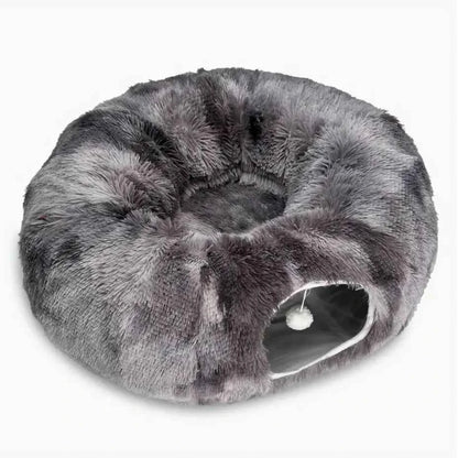 Plush Cat Tunnel Bed - 2-in-1 Interactive Cat Toy & Cozy Sleeping Bed with Removable Cover