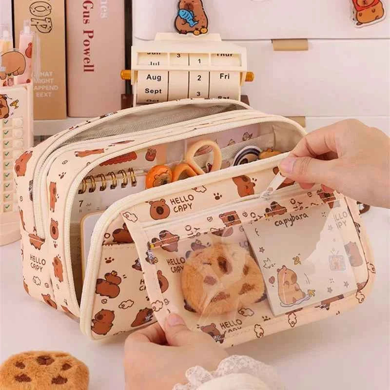 Kawaii Capybara Multi-Layer Pencil Case (8.5 in) - Large Capacity Stationery Organizer