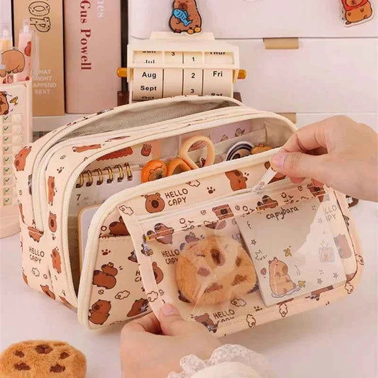 Kawaii Capybara Multi-Layer Pencil Case (8.5 in) - Large Capacity Stationery Organizer