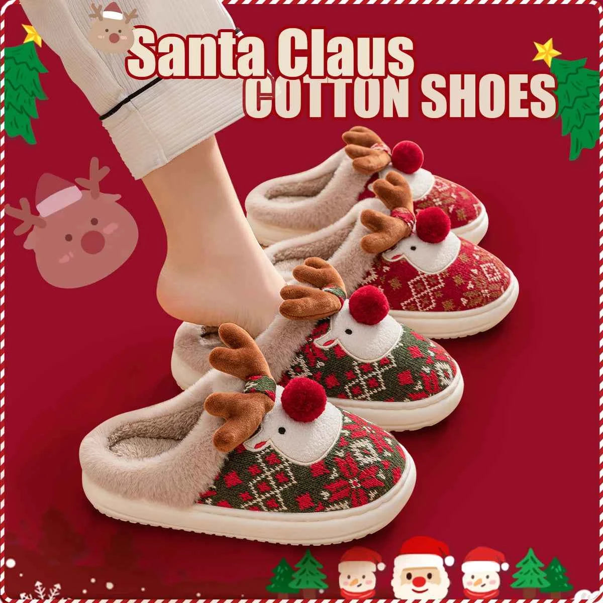 Lovely Christmas Deer Cotton Slippers - Women's Warm Non-Slip Indoor House Shoes