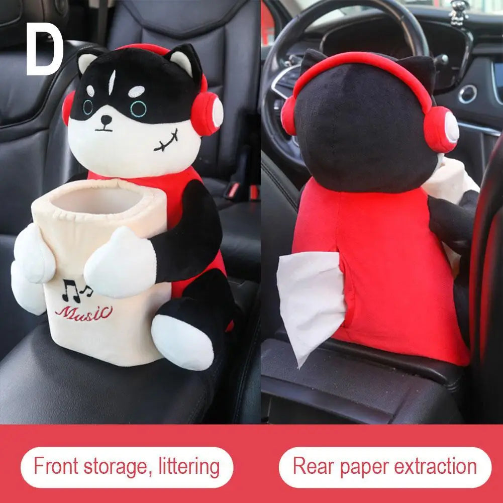 Cartoon Plush Car Tissue Holder – 2 In 1 Hanging Storage Bin