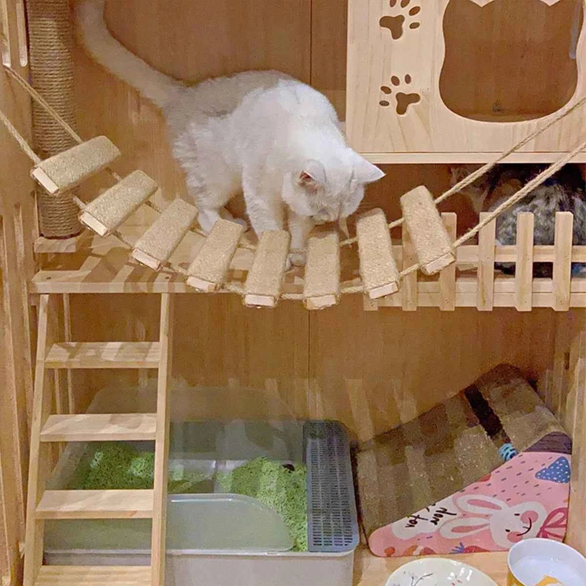 Cat Climbing Frame Bridge Cat Ladder Sisal Rope Wooden Cat