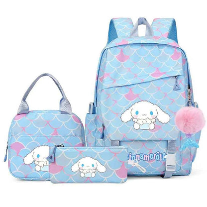 3PCS Cinnamoroll Fish Scale Backpack Set - Mermaid Pendant Lunch School Bag for Girls (17.7 in)