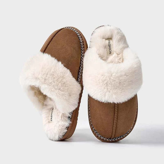Fashion Leopard Fluffy House Slippers - Women's Warm Fur Collar Indoor Flat Sandals Brown