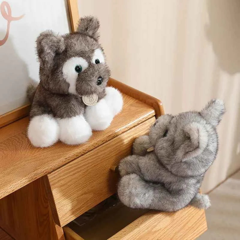 Plush Dog Husky Wolf Cub Stuffed Animal Soft Cuddly Realistic Lifelike Creative Brown Gray White Gift Kids Collectors LOVE Tag