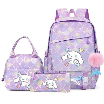 3PCS Cinnamoroll Fish Scale Backpack Set - Mermaid Pendant Lunch School Bag for Girls (17.7 in)