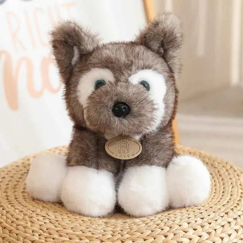 Plush Dog Husky Wolf Cub Stuffed Animal Soft Cuddly Realistic Lifelike Creative Brown Gray White Gift Kids Collectors LOVE Tag