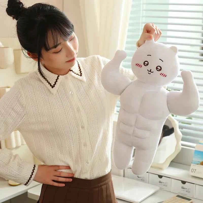 Kawaii Muscular Chiikawa Plush Pillow - Funny Buff Hachiware Usagi Stuffed Anime Doll and Fan Gift, 3 Characters and 2 Sizes