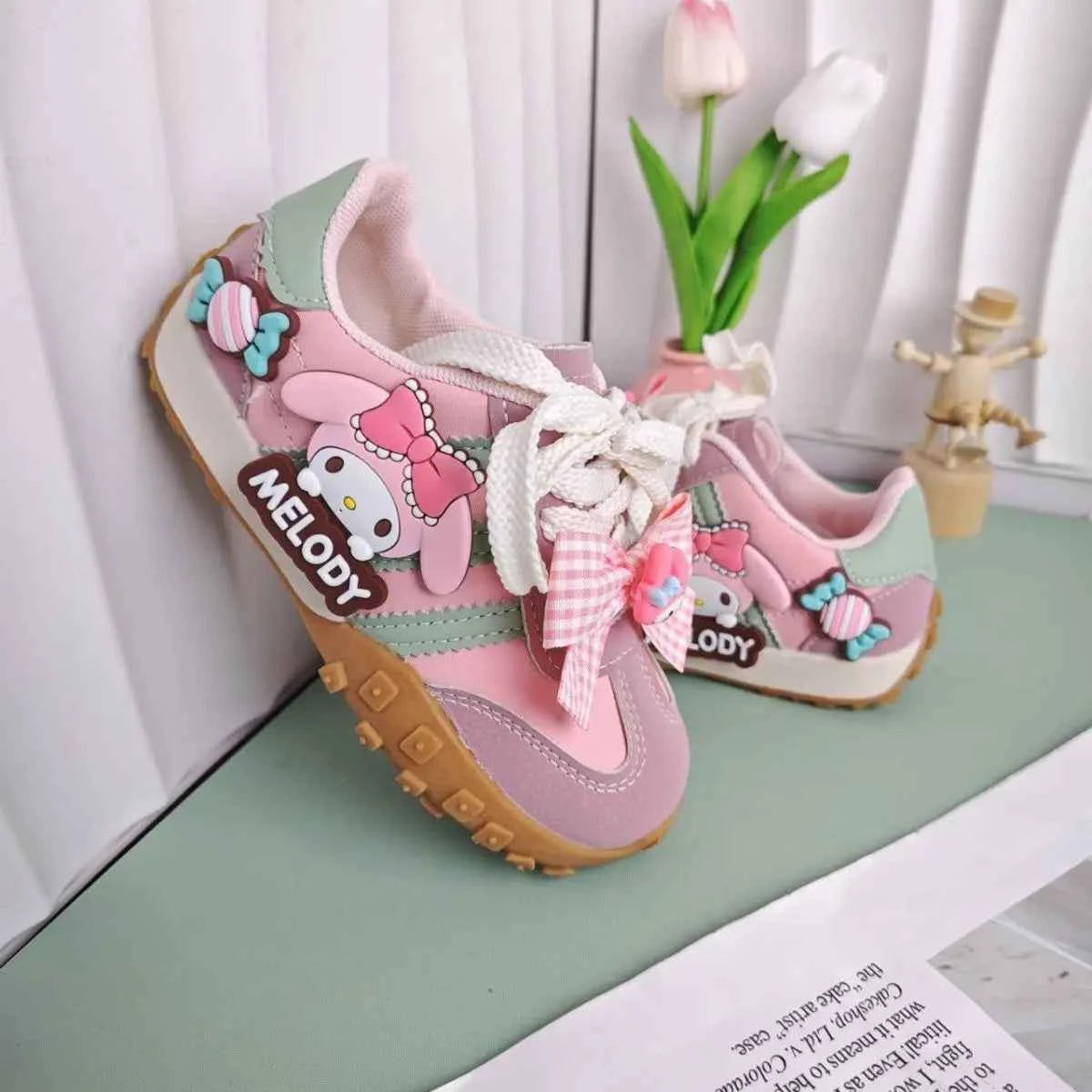 Kawaii Kids' Melody Cartoon Sneakers - Anti-slip PU Leather Shoes with Bow (Pink)