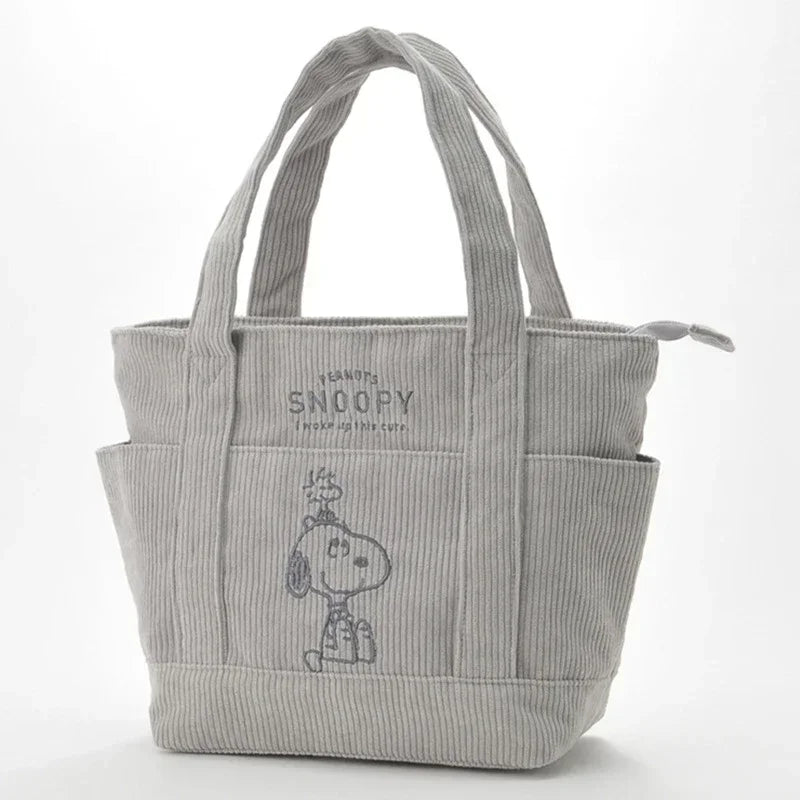 Snoopy Corduroy Tote Bag – Large Capacity Zipper Shoulder Bag Grey 14.2 × 9.4 × 5.1 inches (36 × 24 × 13 cm)