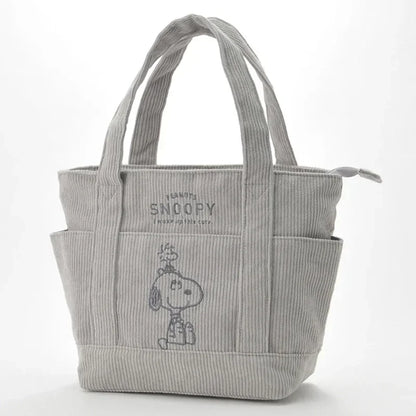 Snoopy Corduroy Tote Bag – Large Capacity Zipper Shoulder Bag Grey 14.2 × 9.4 × 5.1 inches (36 × 24 × 13 cm)