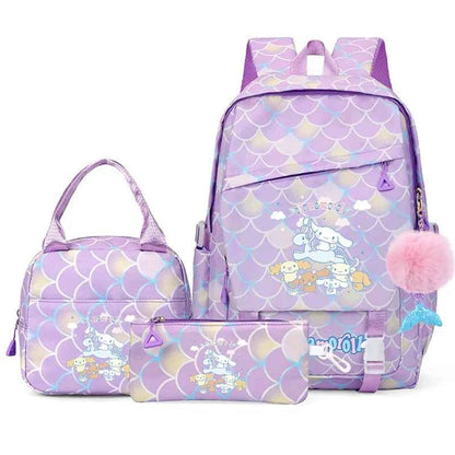 3PCS Cinnamoroll Fish Scale Backpack Set - Mermaid Pendant Lunch School Bag for Girls (17.7 in)