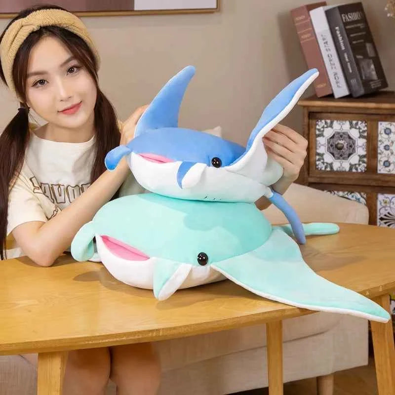 Kawaii Manta Ray Plush Pillow - Soft Stuffed Ocean Cuddle Toy and Gift, 2 Colors and 2 Sizes