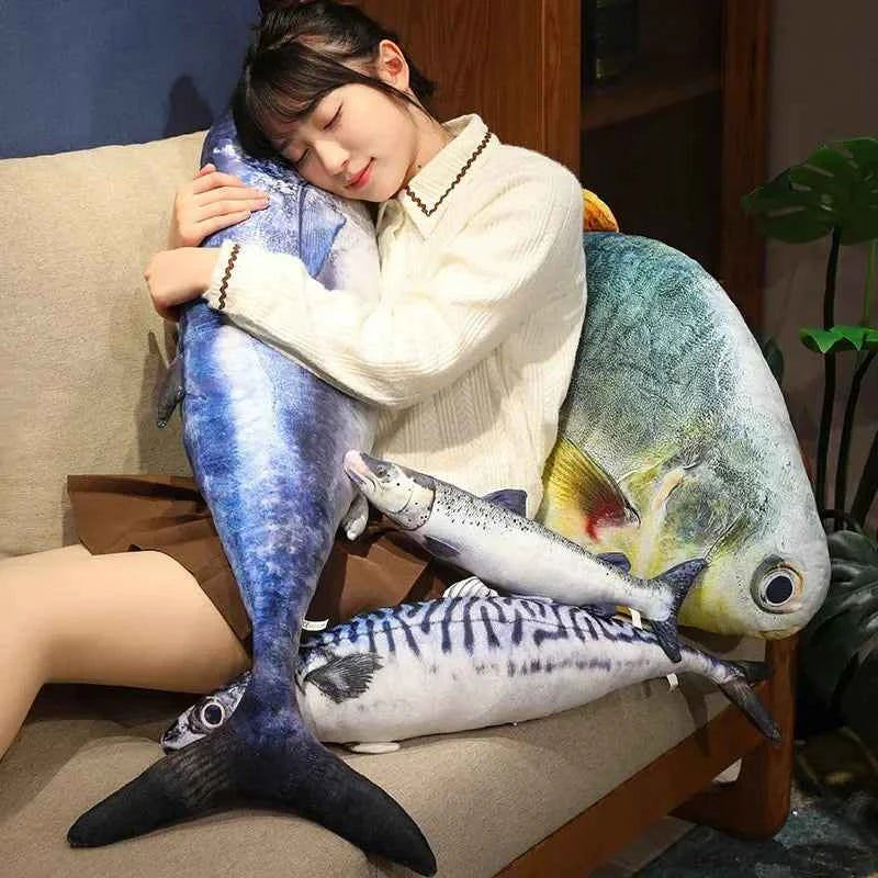 Kawaii 3D Simulation Fish Plush Pillow – Realistic Stuffed Tuna, Salmon, Grouper & More