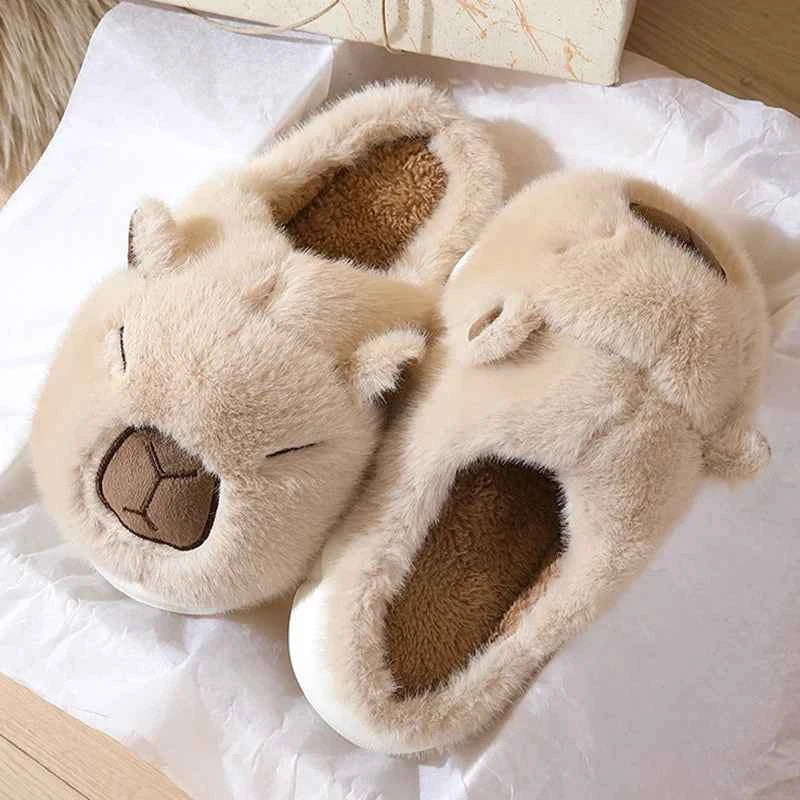 Kawaii Capybara Cotton Slippers - Women's Warm Fur Indoor Slides & Non-Slip Home Shoes