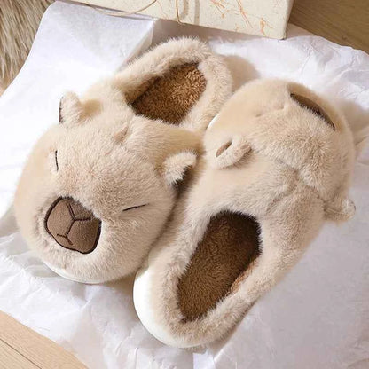 Kawaii Capybara Cotton Slippers - Women's Warm Fur Indoor Slides & Non-Slip Home Shoes