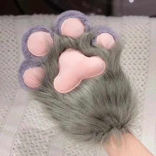 Kawaii Plush Cat Claw Mittens - Furry Fox Paws Gloves with Bird Wings for Halloween Cosplay
