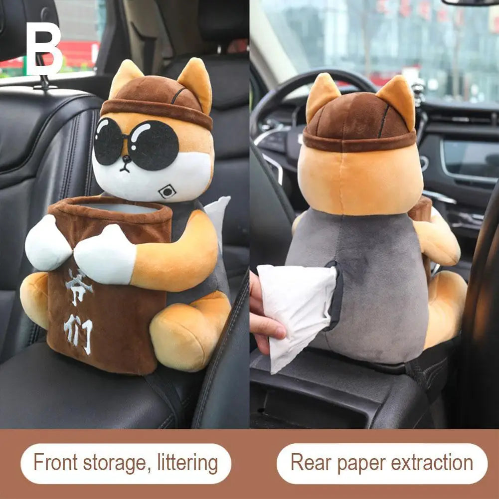 Cartoon Plush Car Tissue Holder – 2 In 1 Hanging Storage Bin