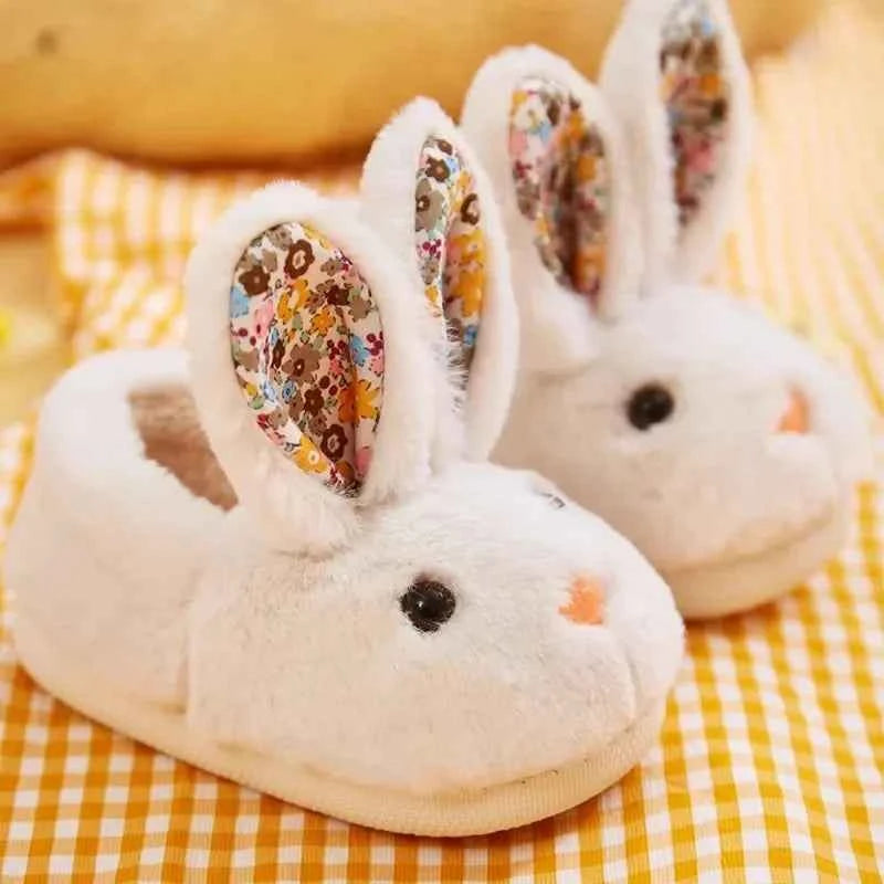 Kids Cartoon Rabbit Slippers – Warm Plush Indoor Anti-Slip Winter House Shoes for Boys & Girls Beige