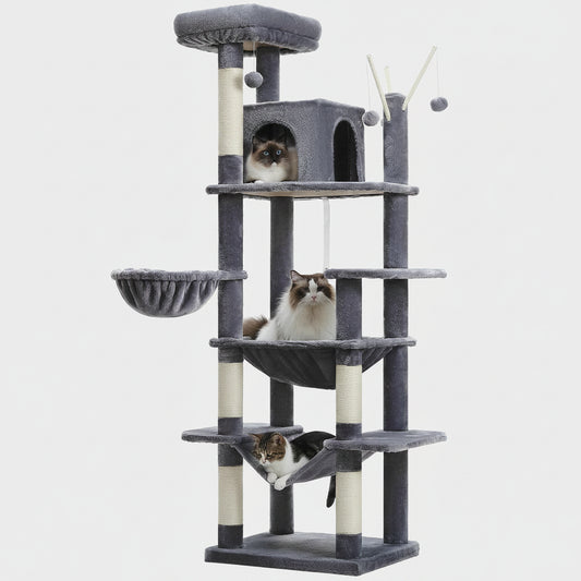 Extra Tall Cat Tree Tower – 6–7 ft Multi-Level Plush Condo with Scratching Posts A