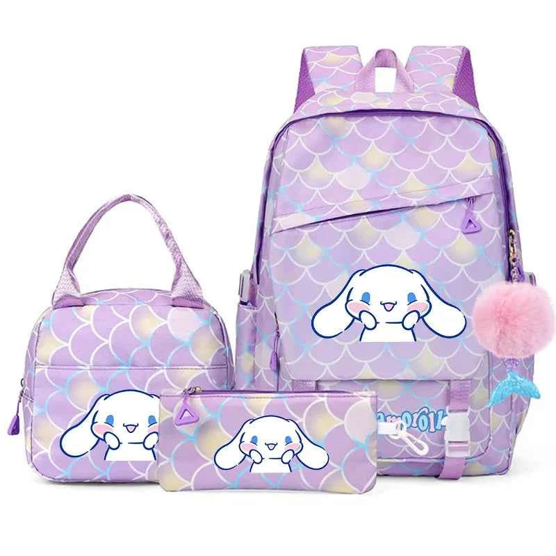 3PCS Cinnamoroll Fish Scale Backpack Set - Mermaid Pendant Lunch School Bag for Girls (17.7 in)