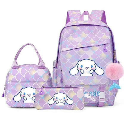 3PCS Cinnamoroll Fish Scale Backpack Set - Mermaid Pendant Lunch School Bag for Girls (17.7 in)
