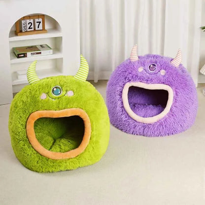 Kawaii Cartoon Monster Pet Bed (Up to 18.9 in) - Fully Enclosed Cat House Winter Warm