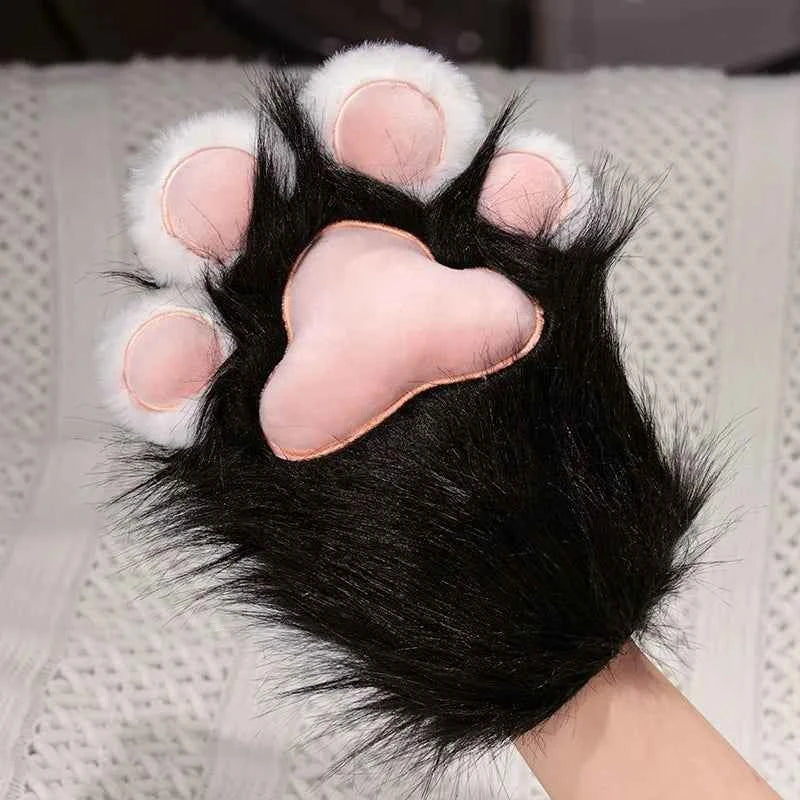 Kawaii Plush Cat Claw Mittens - Furry Fox Paws Gloves with Bird Wings for Halloween Cosplay