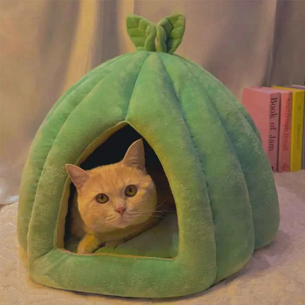 Cute Pumpkin Cat Bed (Up to 19.7 in) - Winter Warm Flannel Kitten Puppy Nest