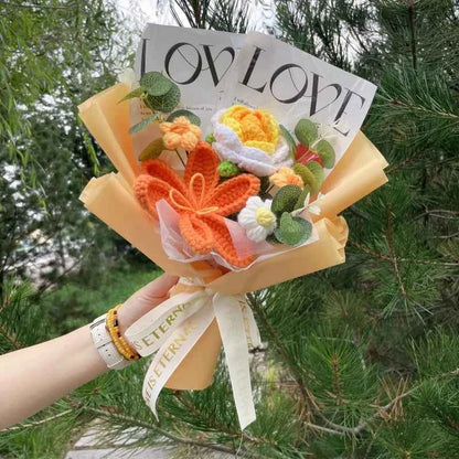 Finished Crochet Flower Bouquet (12.6-15.7 in) - Handmade Roses/Sunflowers/Carnations Gift