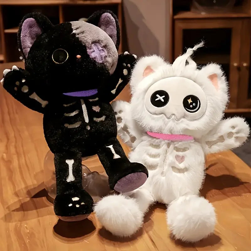 Kawaii Skeleton Cat Plush Doll - Soft Stuffed Gothic Halloween Cat Toy and Gift in Black and White, 35cm