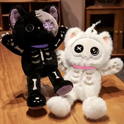 Kawaii Skeleton Cat Plush Doll - Soft Stuffed Gothic Halloween Cat Toy and Gift in Black and White, 35cm