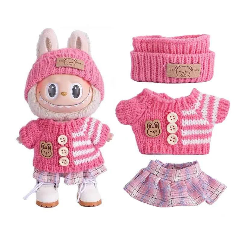 6.69inch Labubu Doll Clothes for buLabu with 3 Outfits - Stylish Fisherman Hat & Sweaters & Pants or skirt Set for 6.69inch Doll