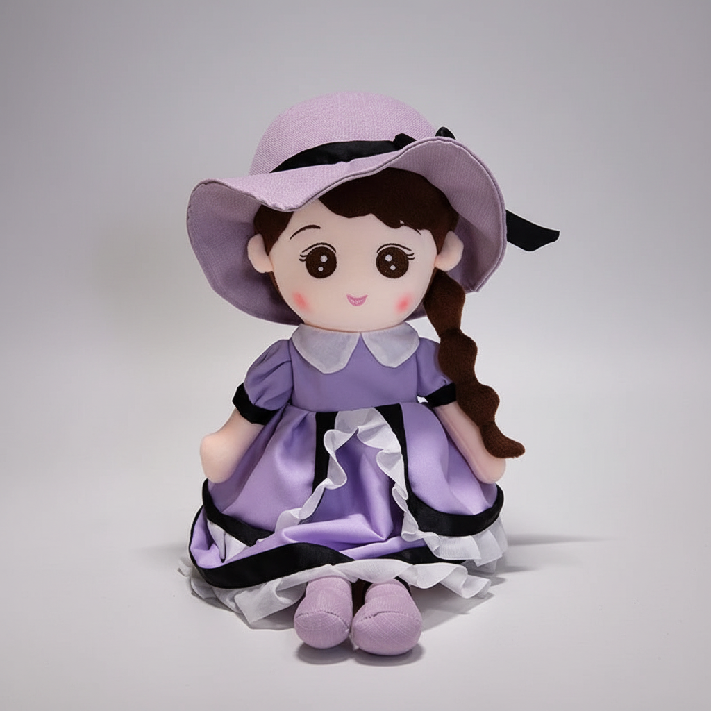 Plush toy with a purple dress and hat on a table with stationery items.